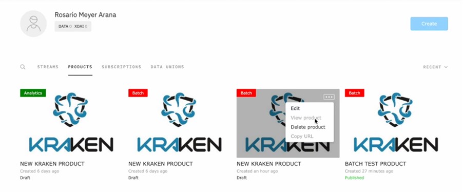 KRAKEN marketplace user dashboard view