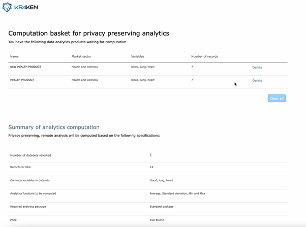 KRAKEN marketplace computation basket for privacy-preserving analytics