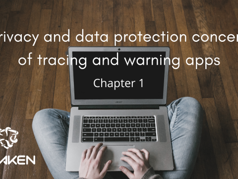 photography of a person working with a computer and the text: Privacy and data protection concern of tracing and warning apps