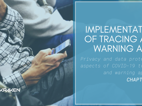person using a mobile with the text: Implementation of tracing and warning apps